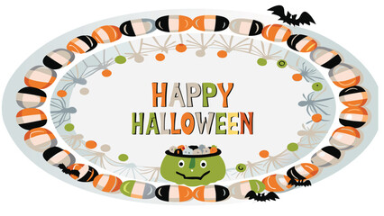 Happy halloween message with candy border and cauldron in a festive halloween illustration