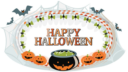 Happy halloween frame with bats, pumpkins, cauldron and spider web for festive celebration design