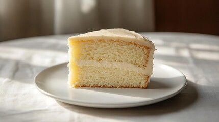 Slice of Vanilla Layer Cake with Cream Frosting on a White Plate