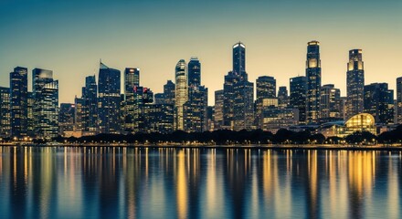 Fototapeta premium Cityscape reflects in water during twilight