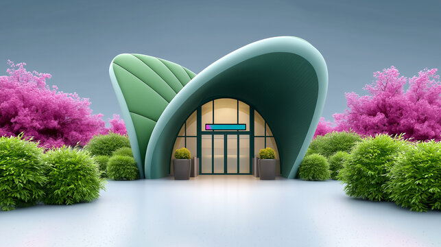Building showcases innovative design with curved roof and glass entrance. Surrounded by colorful foliage and manicured bushes. Concept of architecture, landscaping, design firms