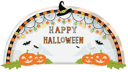 Happy halloween design with pumpkins, bats, witch hat, and string lights in a festive arrangement