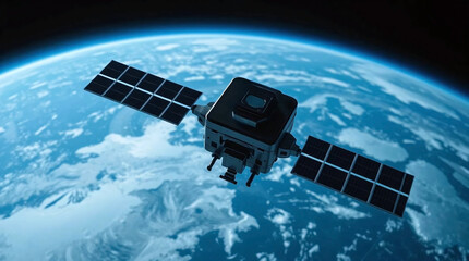 Sleek High Tech Artificial Satellite Orbiting Earth Amid Twinkling Stars