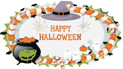 A festive happy halloween oval frame with pumpkins, bats, candy and gifts illustration