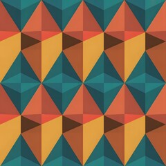Obraz premium A seamless pattern of colorful 3D triangles in teal, mustard yellow, burnt orange, and brown, creating a modern, bold texture.
