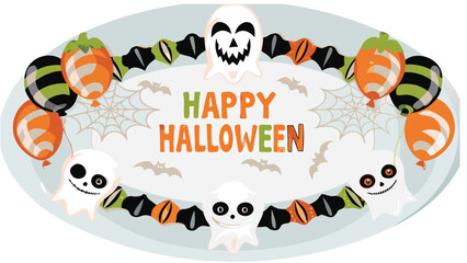 A festive halloween platter with ghosts, bats, balloons, and a happy halloween message on a white background