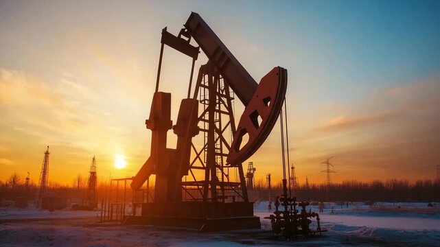 Workers operate an oil pump jack at an industrial site as the sun sets, casting a warm glow over the snowy landscape and nearby drilling rigs
