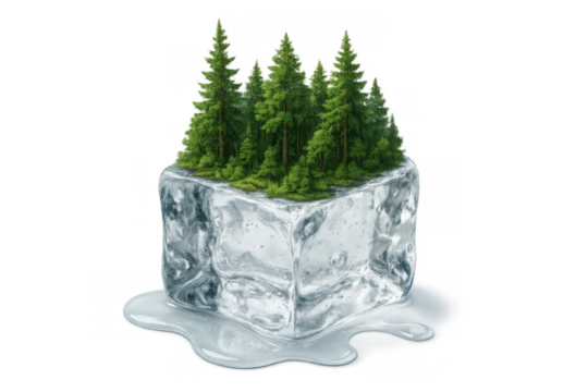Lush green forest growing on top of melting ice cube symbolizing global warming and climate change, on transparent background