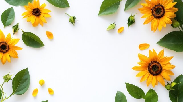 Mockup of summer wedding invitation with vibrant sunflowers and fresh green leaves - Powered by Adobe