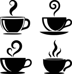 Four steaming coffee cups with swirling steam beverage drink