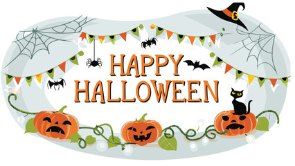 A happy halloween themed image featuring pumpkins, bats, spiders, and a black cat on a white background