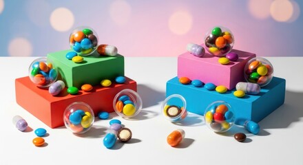 Obraz premium Colorful candies in clear orbs on vibrant blocks