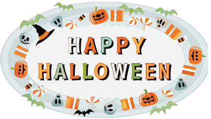 Happy halloween text with pumpkins bats candy skulls and a witch hat in an oval frame design