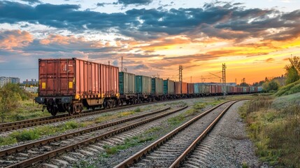 Fototapeta premium A freight train traveling through a rural landscape at sunset.