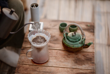 Drip coffee with a cold morning atmosphere