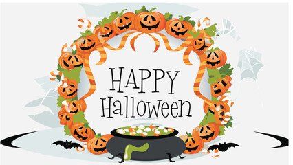A happy halloween message surrounded by pumpkins, bats, and a cauldron with green slime