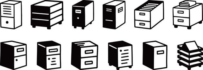 Set of Black and White Filing Cabinet Icons for Office Graphics