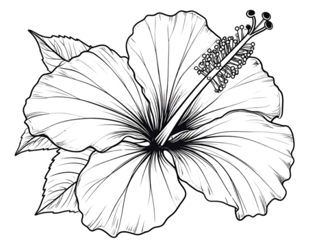 Detailed Black Ink Line Art Illustration of Hibiscus Flower, isolated on transparent background
