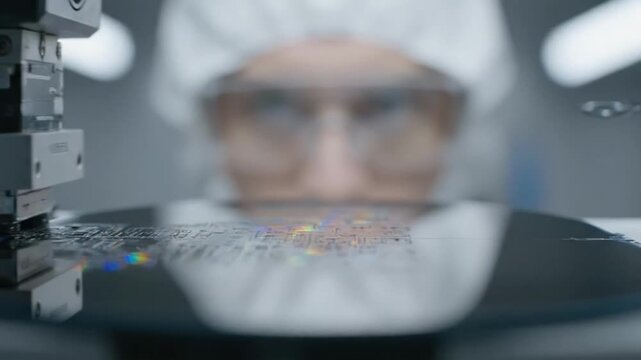 Semiconductor Engineer Inspecting Silicon Wafer in High-Tech Cleanroom for Precision Microchip Manufacturing