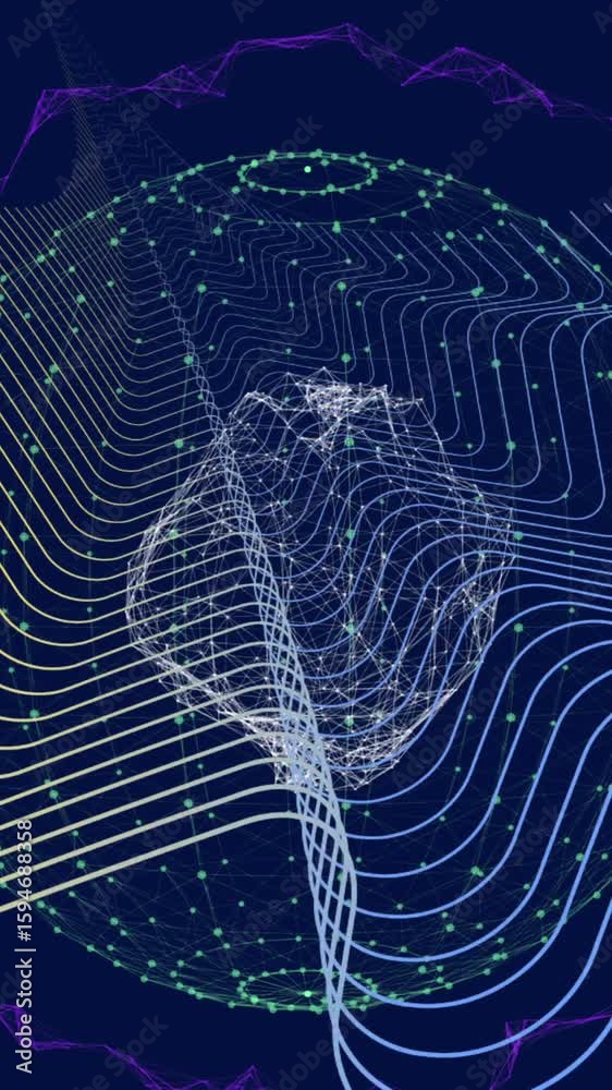 Poster animation of abstract waves with connecting the dots pattern and globe