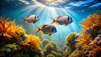 Naklejka premium Radiant Sunlight Illuminates Vibrant Reef Fish and Golden Coral in a Serene Underwater Scene