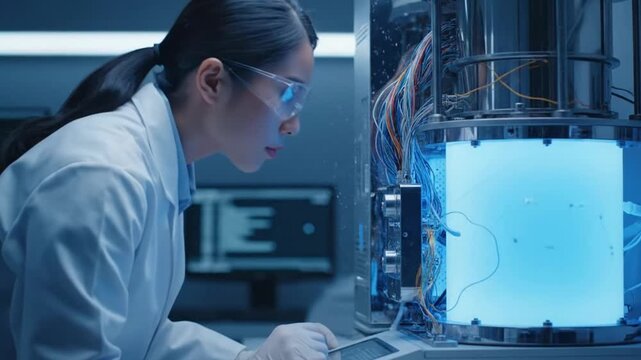 Asian female scientist inspecting quantum computer in high-tech research laboratory for scientific innovation