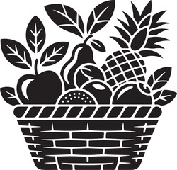 A rustic black and white illustration of a woven basket overflowing with a variety of fresh healthy fruits and leafy greens