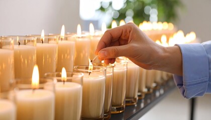 A human hand holds a lit match igniting one of many glowing white candles in clear glass holders arranged in rows