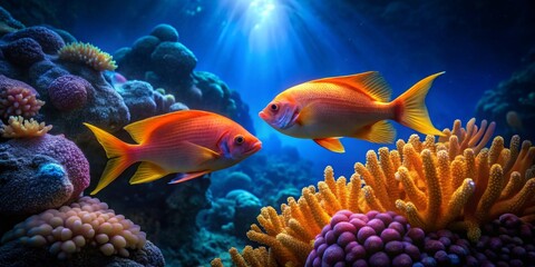 Naklejka premium Vibrant orange fish swim amidst a breathtaking underwater coral reef scene, showcasing the beauty of marine life in a vivid and detailed image.