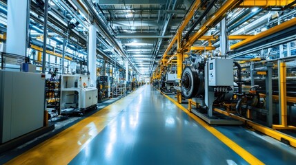 A modern factory floor with yellow and blue color scheme, featuring industrial machinery and equipment.