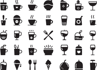Collection of diverse beverage and food icons with a distressed texture