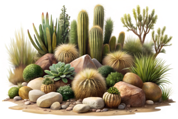 A diverse collection of cacti and succulents arranged with rocks and sand creates a miniature desert landscape isolated on transparent background