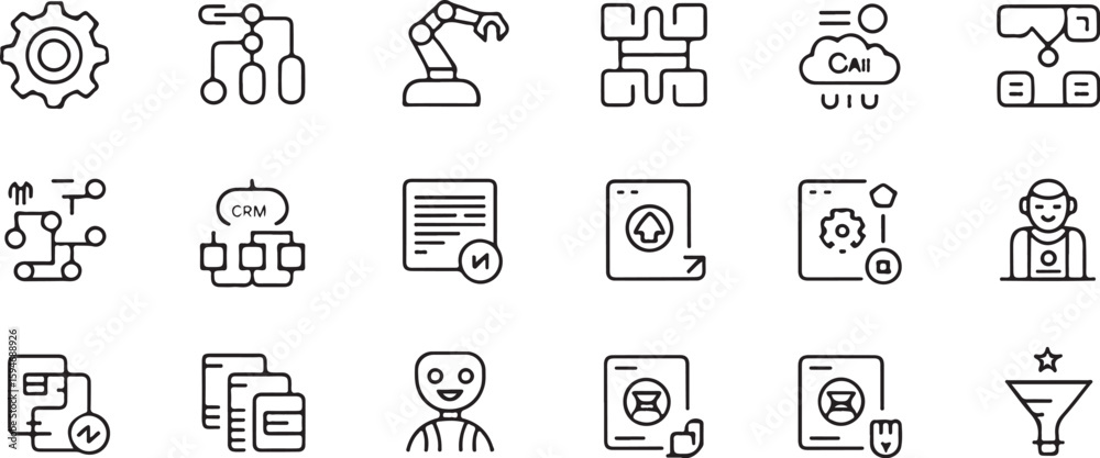 Poster simple line icon set with business technology and security symbols on white background for web desig