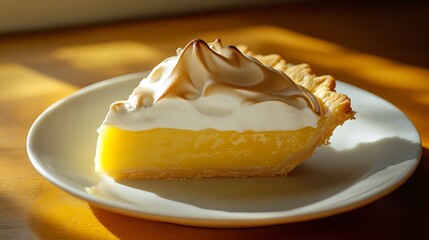 Slice of Lemon Meringue Pie on a White Plate