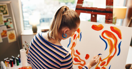 Art, back and canvas with woman in studio apartment for creative expression or illustration hobby....
