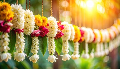Vibrant flower garlands featuring white jasmine yellow marigolds and red blossoms hanging in bright sunshine