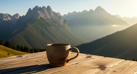 Cup on table, scenic mountain view