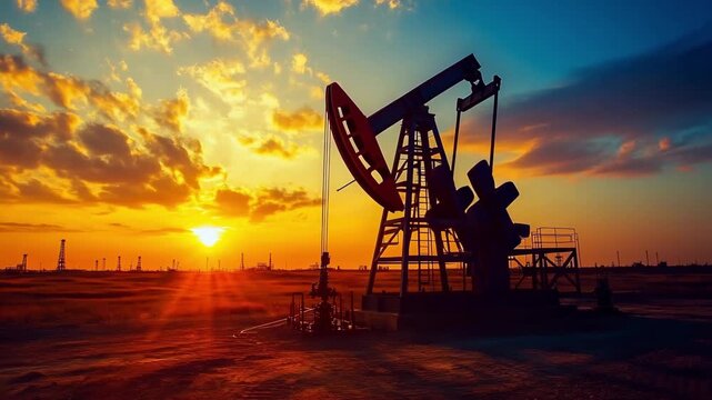 Explore the stunning sunset as it illuminates an oil pump jack in a vast, remote field. The vibrant sky showcases an array of colors, highlighting the industrial landscape as day turns to night