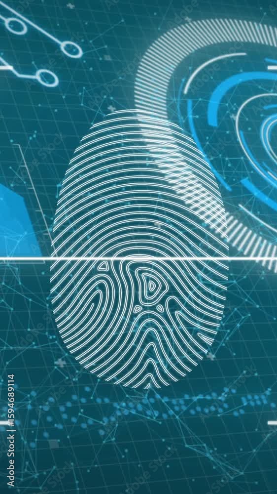 Poster animation of biometric fingerprint scanner over interface with data processing on blue background