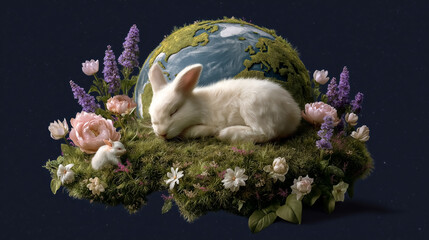 Rabbit rests comfortably on vibrant green moss surrounded by flowers and a globe. Captures tranquility in nature, promoting concepts of sustainability, wildlife conservation, and pet care