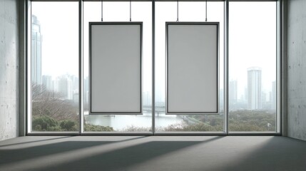 Naklejka premium Blank posters hanging in a modern room with city views.