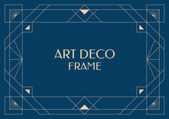 Frame art deco geometric line style. Modern asbtract rectangle border minimalist in dark blue background.