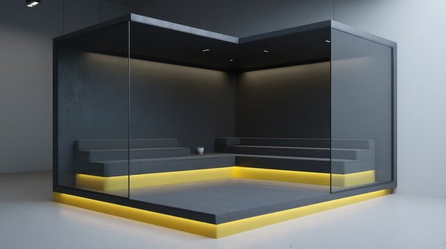 Futuristic cube module lounge with black glass surfaces and yellow ambient lighting under edges matte-finished seating cubes subtle light