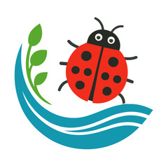 Playful Ladybug on Blue Waves with Green Leaves