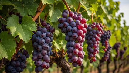 Obraz premium Ripe red grapes hang heavy on the vine in a sun-drenched vineyard, ready for harvest to make delicious wine