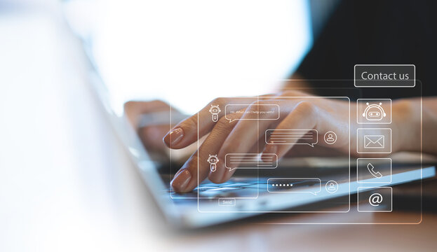 AI Chatbot conversation assistant. Person using online customer service with chat bot to get support. Artificial intelligence and CRM software technology, customer support center, CONTACT US