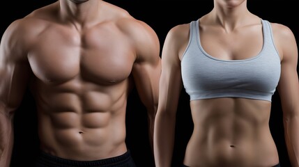 Fit adult caucasian male and female displaying toned upper bodies against black background