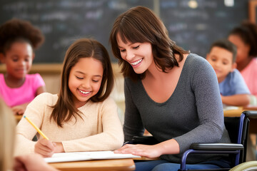 Young girl joyfully writing in classroom while attentive teacher assists. Cheerful atmosphere with engaged students in background. Concept of education, mentoring, child development