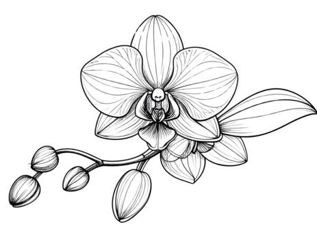 Detailed Black Ink Line Art Orchid Illustration, isolated on transparent background - Powered by Adobe