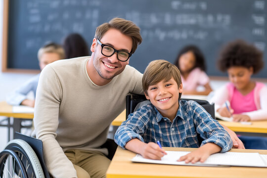Teacher and young boy in wheelchair smiling at each other while working on assignments in colorful classroom. Engaging environment fosters educational opportunities